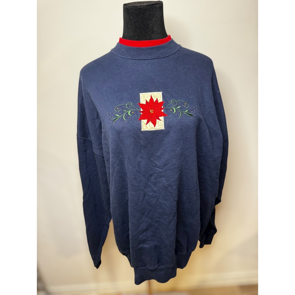 Vintage Grandma Navy Blue Poinsettia Embroidered Red Mock‎ Neck Sweatshirt XL